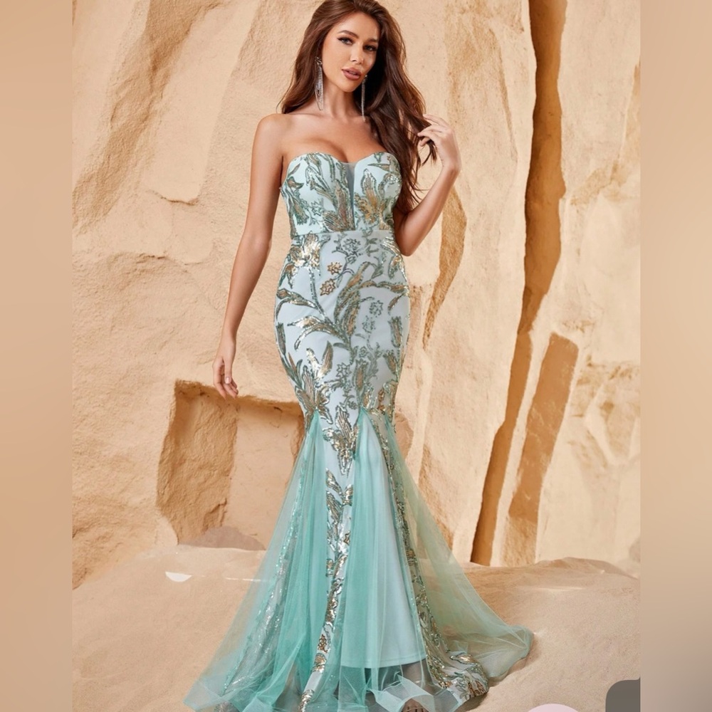 Faeriesty Turquoise Gold Sequin Strapless Mermaid Prom Gown XS NWOT